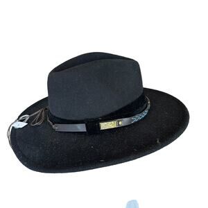 Black Felt Cowboy Hat Wide Flat Brim One Size Festival Hatband Cowgirl Vegan NEW